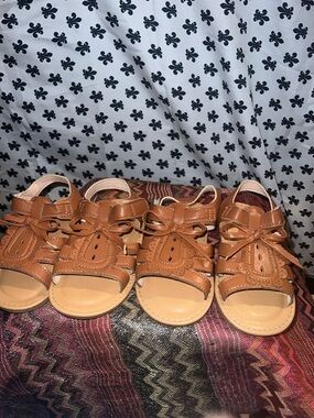 Kids Brown Leather-Look Sandals with Bow Accent